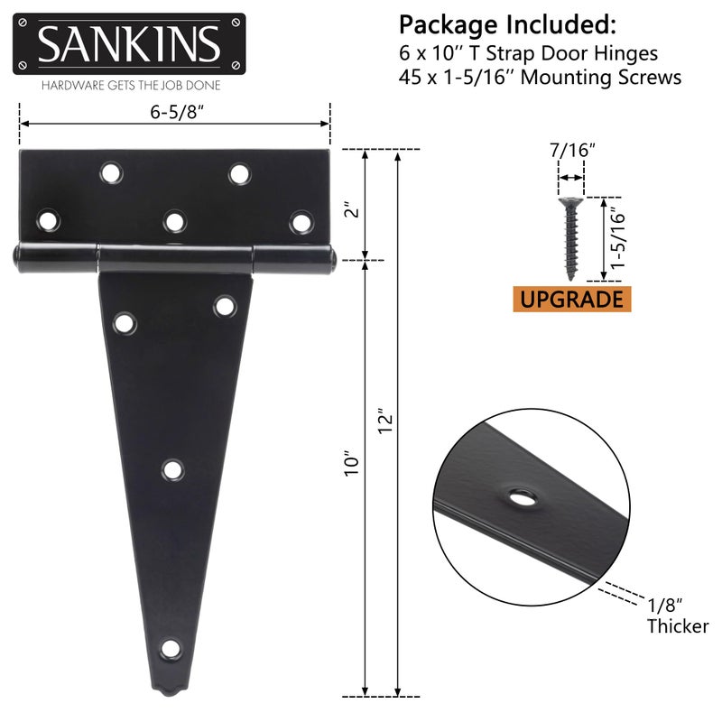 SANKINS مفصلات باب سقيفة بشريط على شكل حرف T مقاس 10 بوصات من SANKINS شديدة التحمل، مفصل تي شيرت أسود للأسوار الخشبية، باب الفناء، بوابات باب الحظيرة، أجهزة مطاوع مقاومة للصدأ، 6 قطع - Image 3